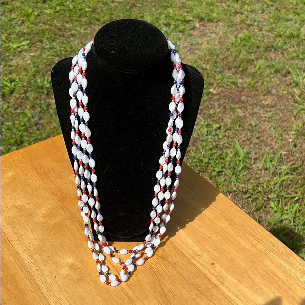 Vintage Double strand Red, White and Blue Beaded Necklace